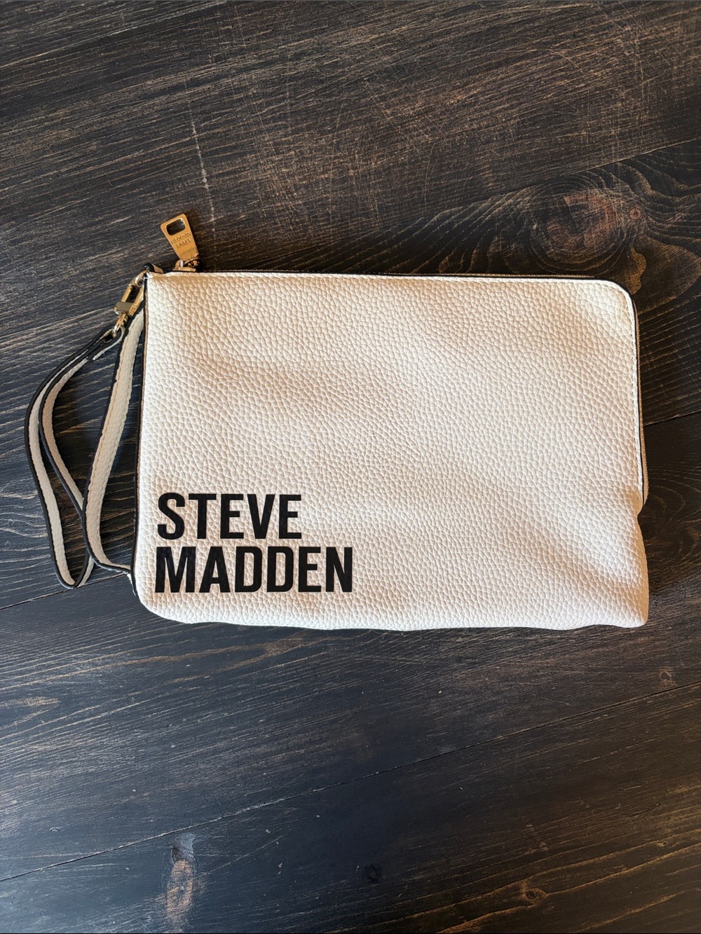 Steve Madden Ivory Pebbled Wristlet with Black Logo
